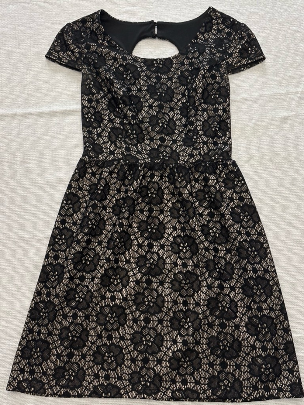 Sweet Storm Black Lace Floral Overlay Dress with Nude Underlayer